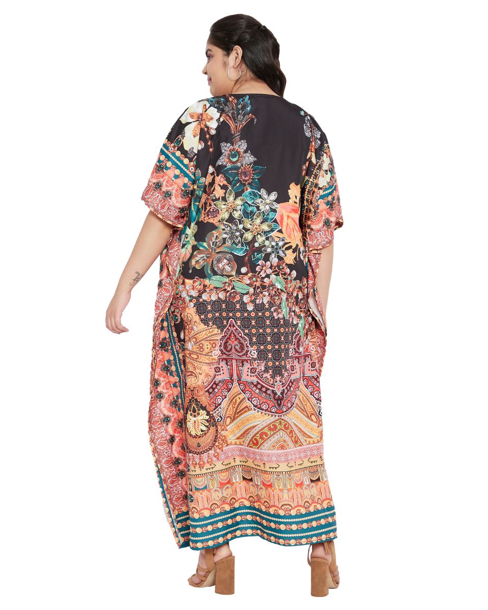 Floral Printed Black Polyester Kaftan Plus Size Dress For Women