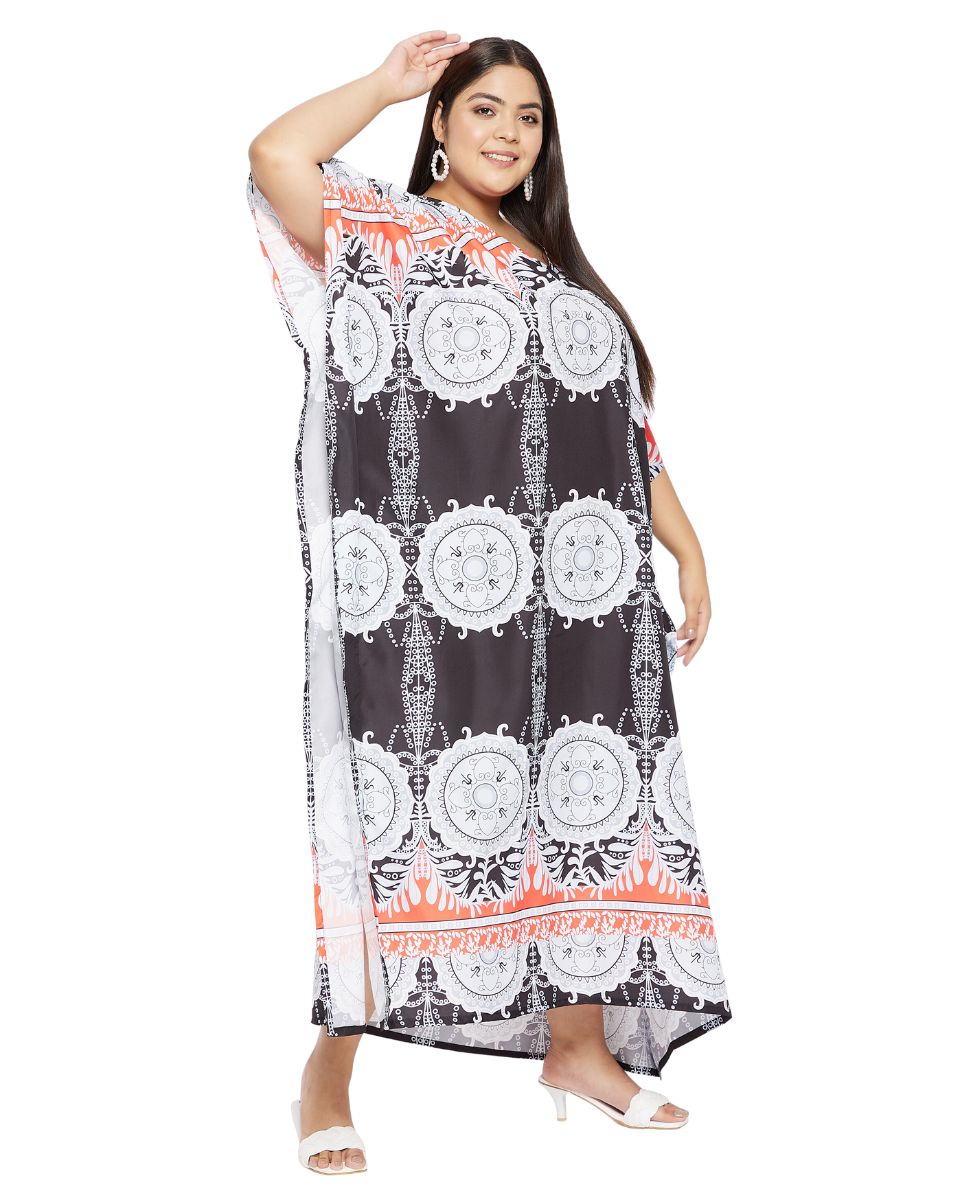 Geometric Printed Black Polyester Kaftan Dress For Plus Size Women