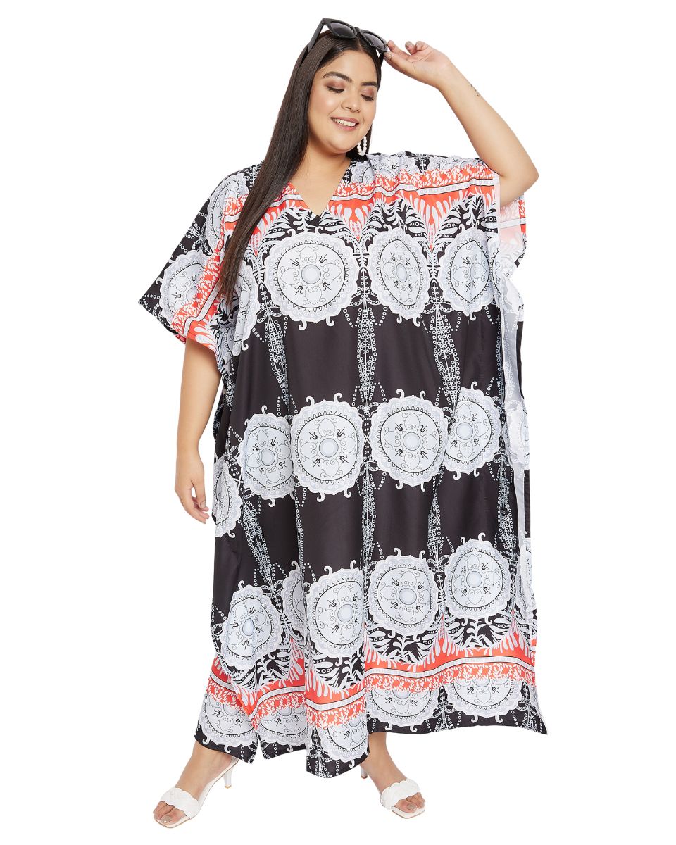 Geometric Printed Black Polyester Kaftan Dress For Plus Size Women