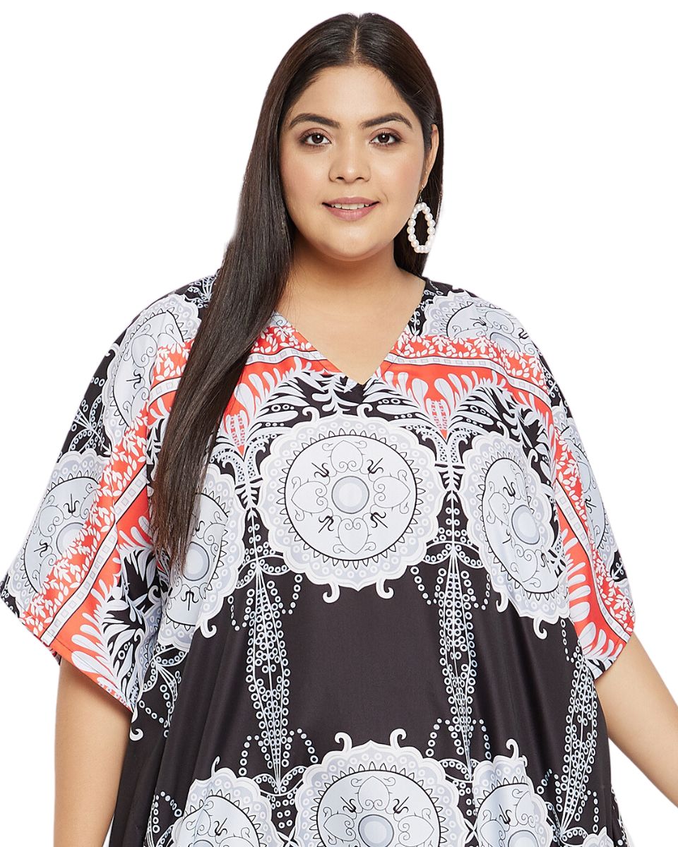 Geometric Printed Black Polyester Kaftan Dress For Plus Size Women