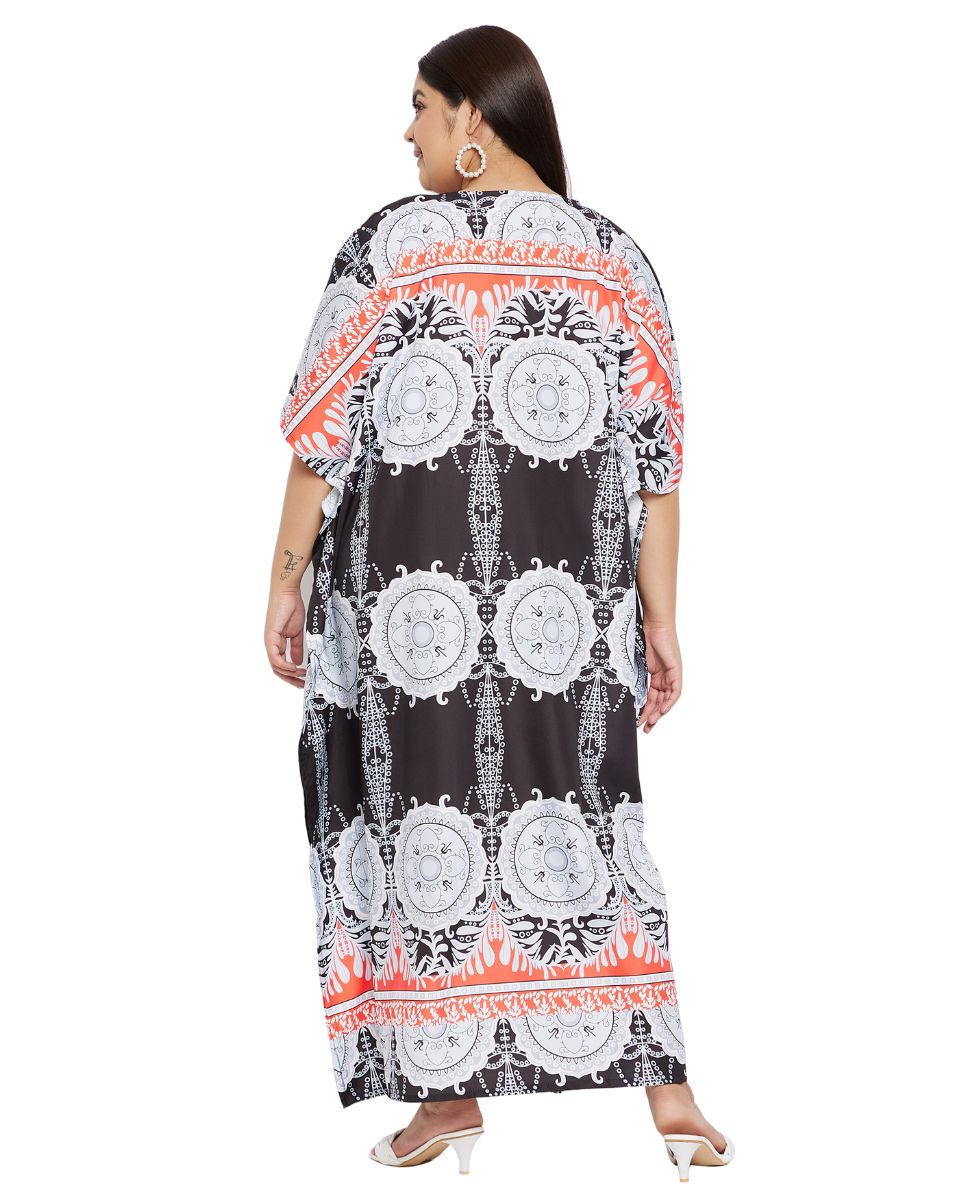 Geometric Printed Black Polyester Kaftan Dress For Plus Size Women