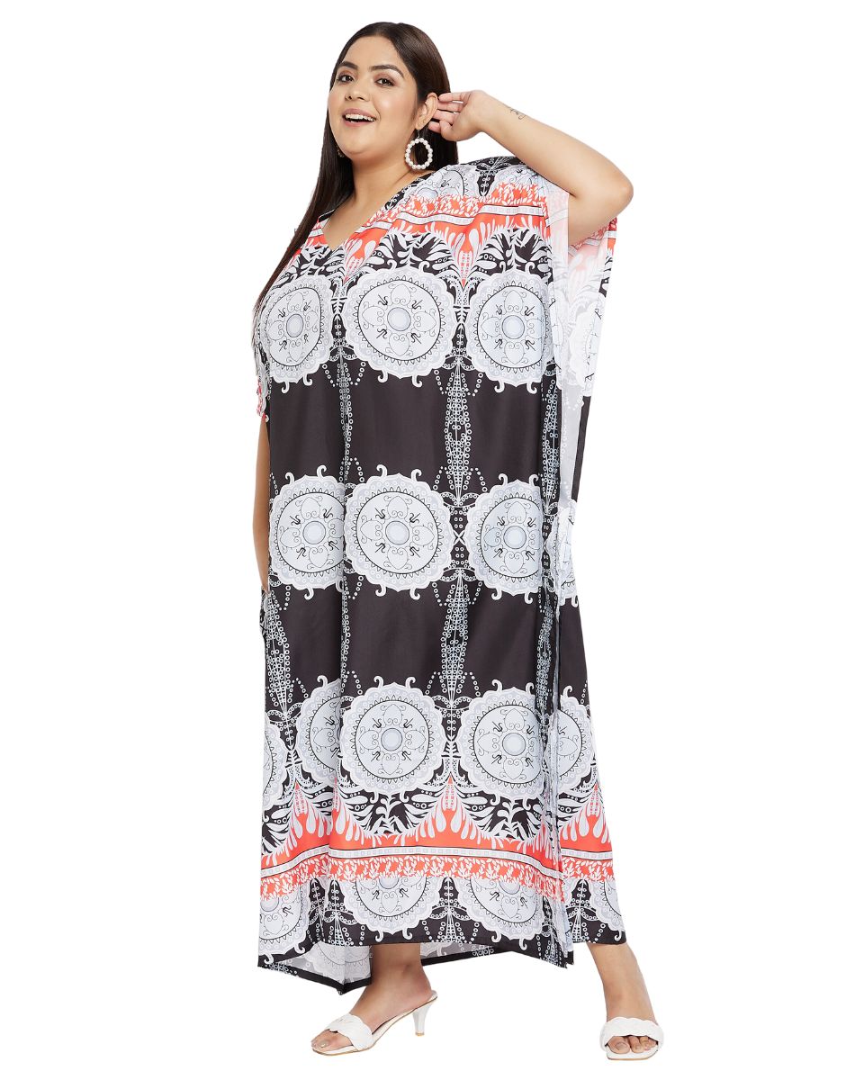 Geometric Printed Black Polyester Kaftan Dress For Plus Size Women