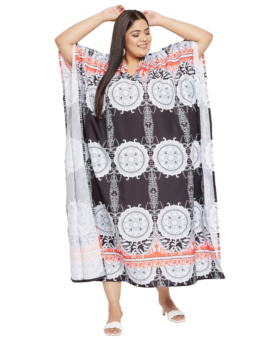 Geometric Printed Black Polyester Kaftan Dress For Plus Size Women