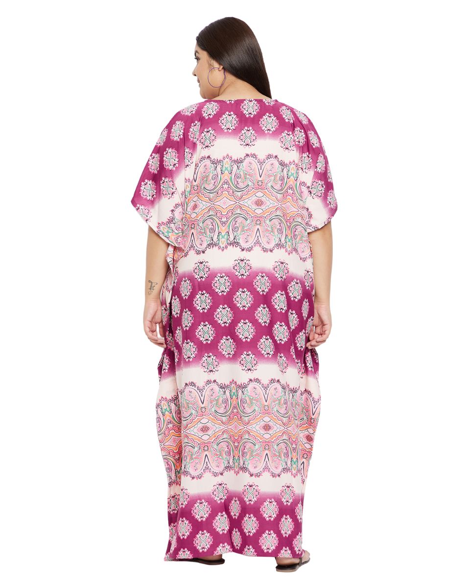 Floral Printed Pink Polyester Kaftan Plus Size Dress For Women