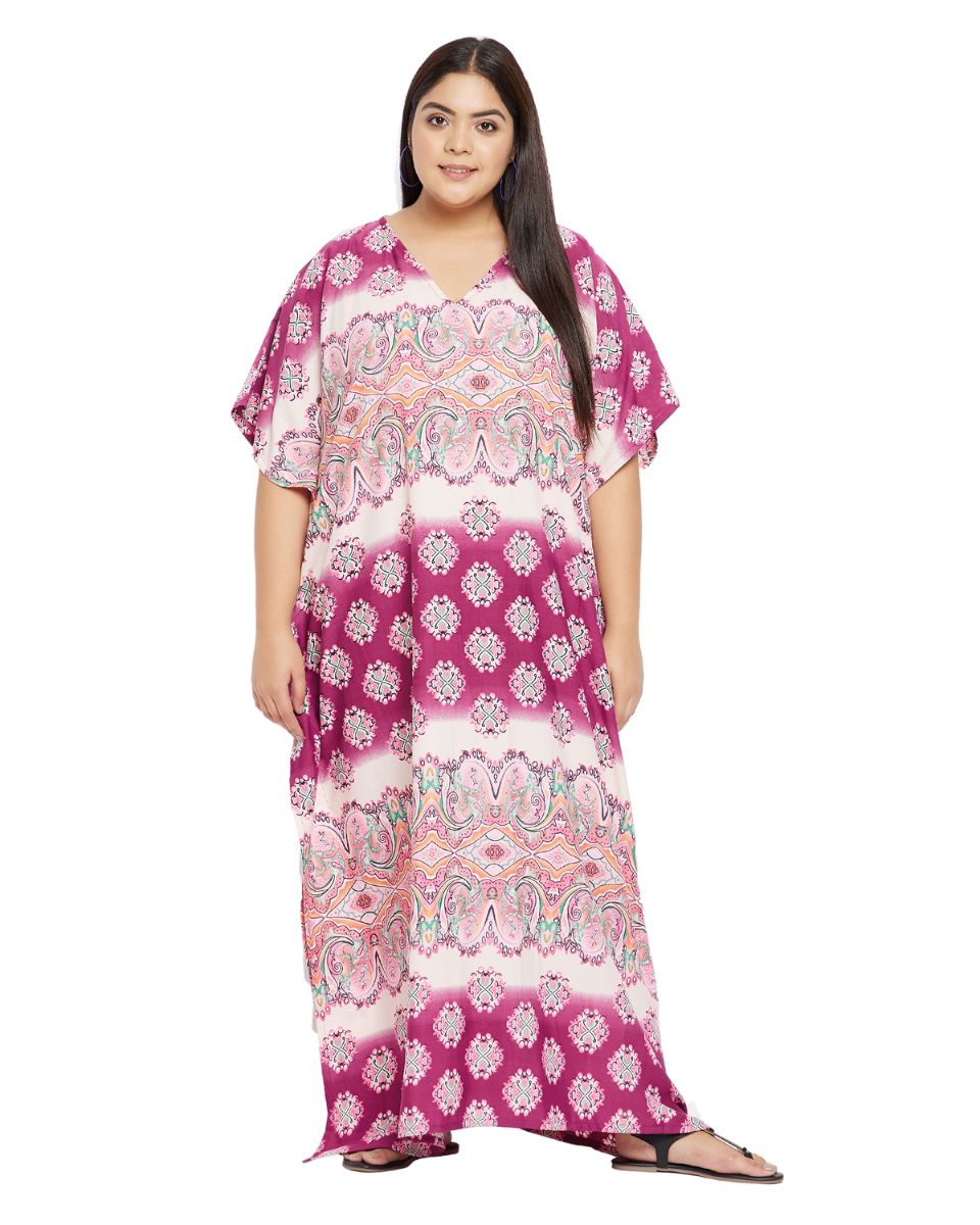 Floral Printed Pink Polyester Kaftan Plus Size Dress For Women