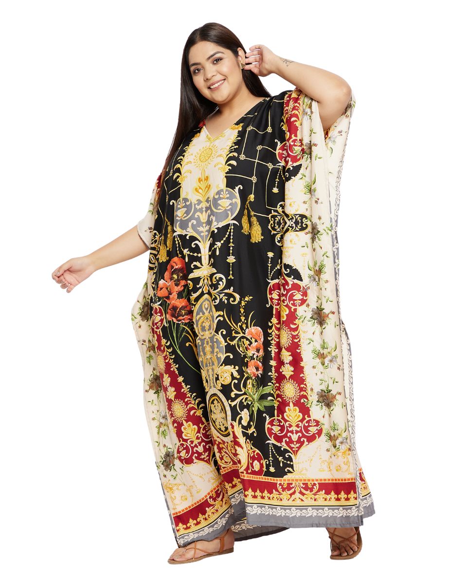 Floral Printed Black Polyester Kaftan Dress for Women