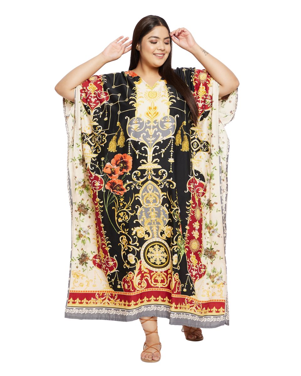 Floral Printed Black Polyester Plus Size Kaftan Dress For Women