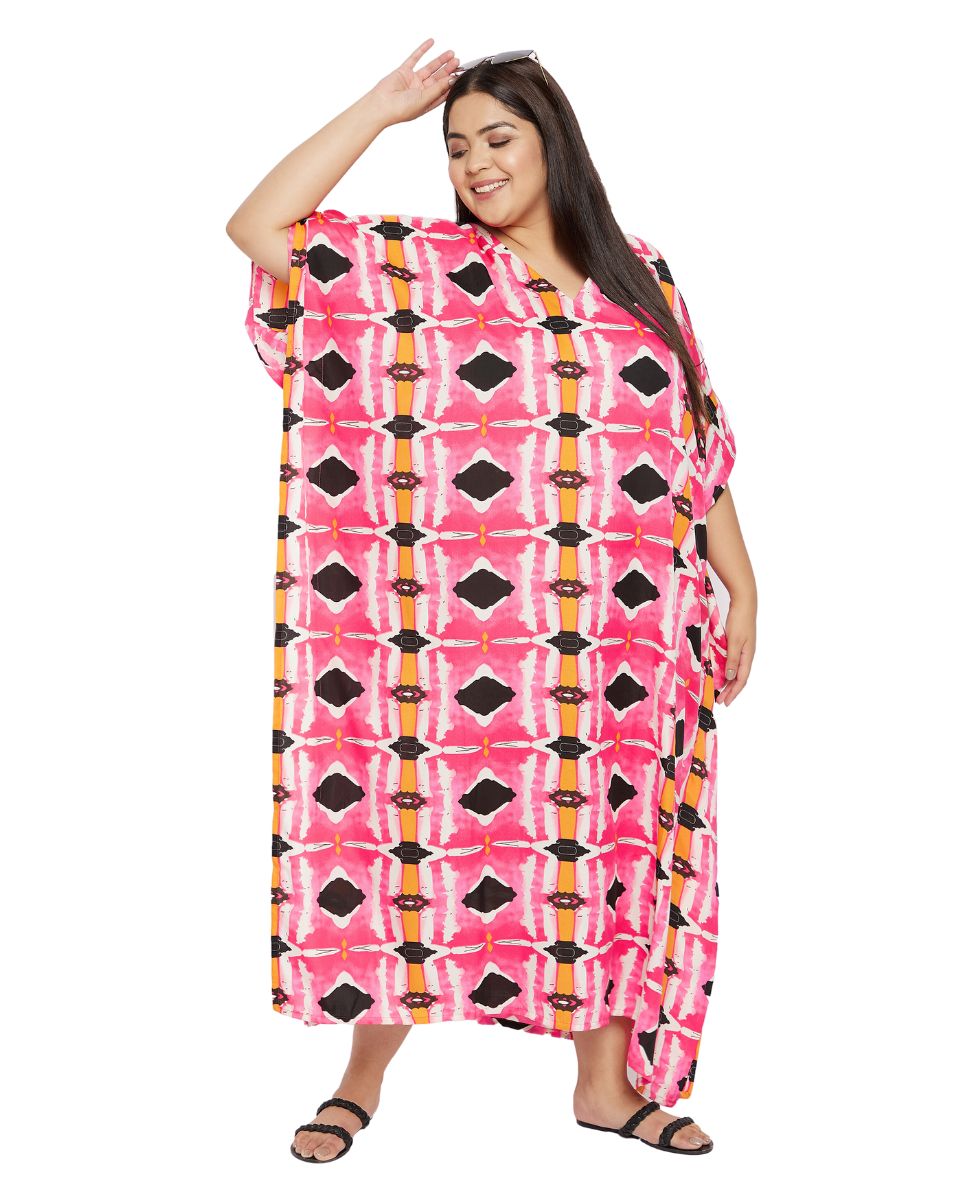 Geometric Printed Pink Polyester Plus Size Kaftan Dress For Women