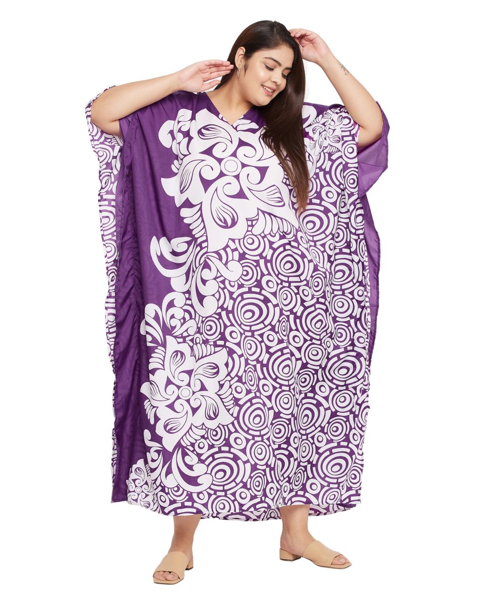 Floral Printed Purple Polyester Kaftan Dress for Women