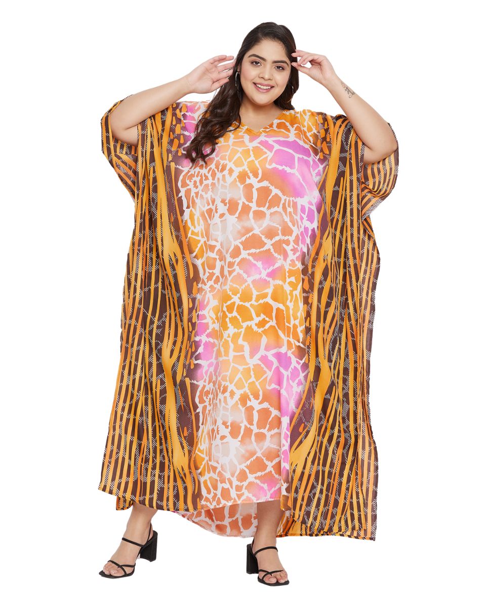 Animal Printed Yellow Polyester Kaftan Dress for Women