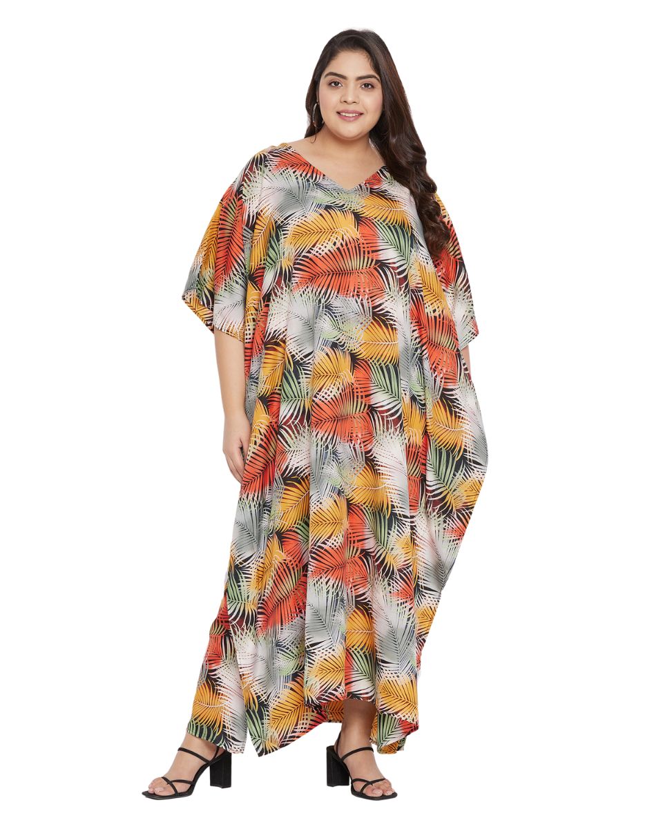 Leaf Printed Multicolor Polyester Kaftan Dress for Women