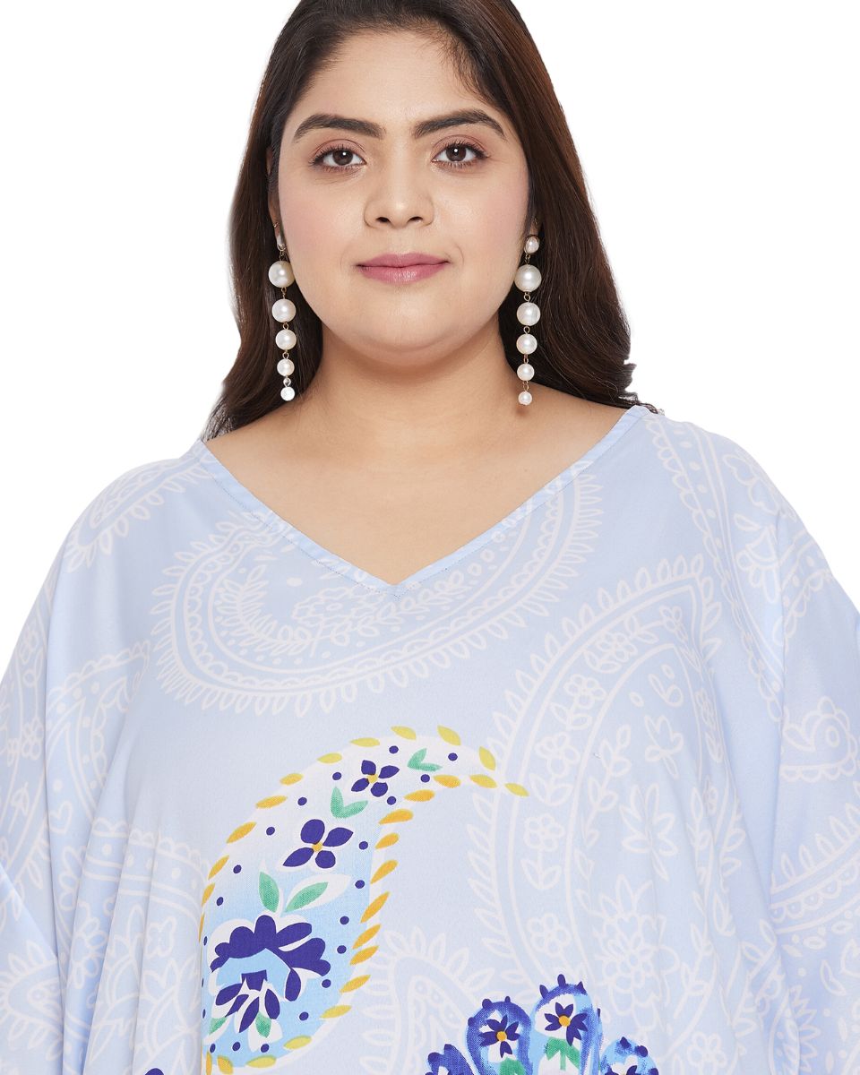 Floral Printed White Polyester Kaftan Dress for Women