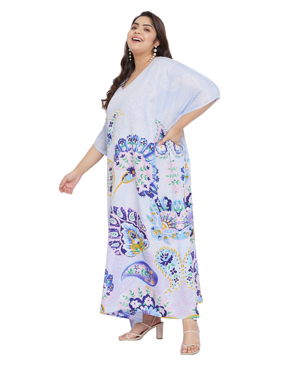 Floral Printed White Plus Size Polyester Kaftan Dress For Women