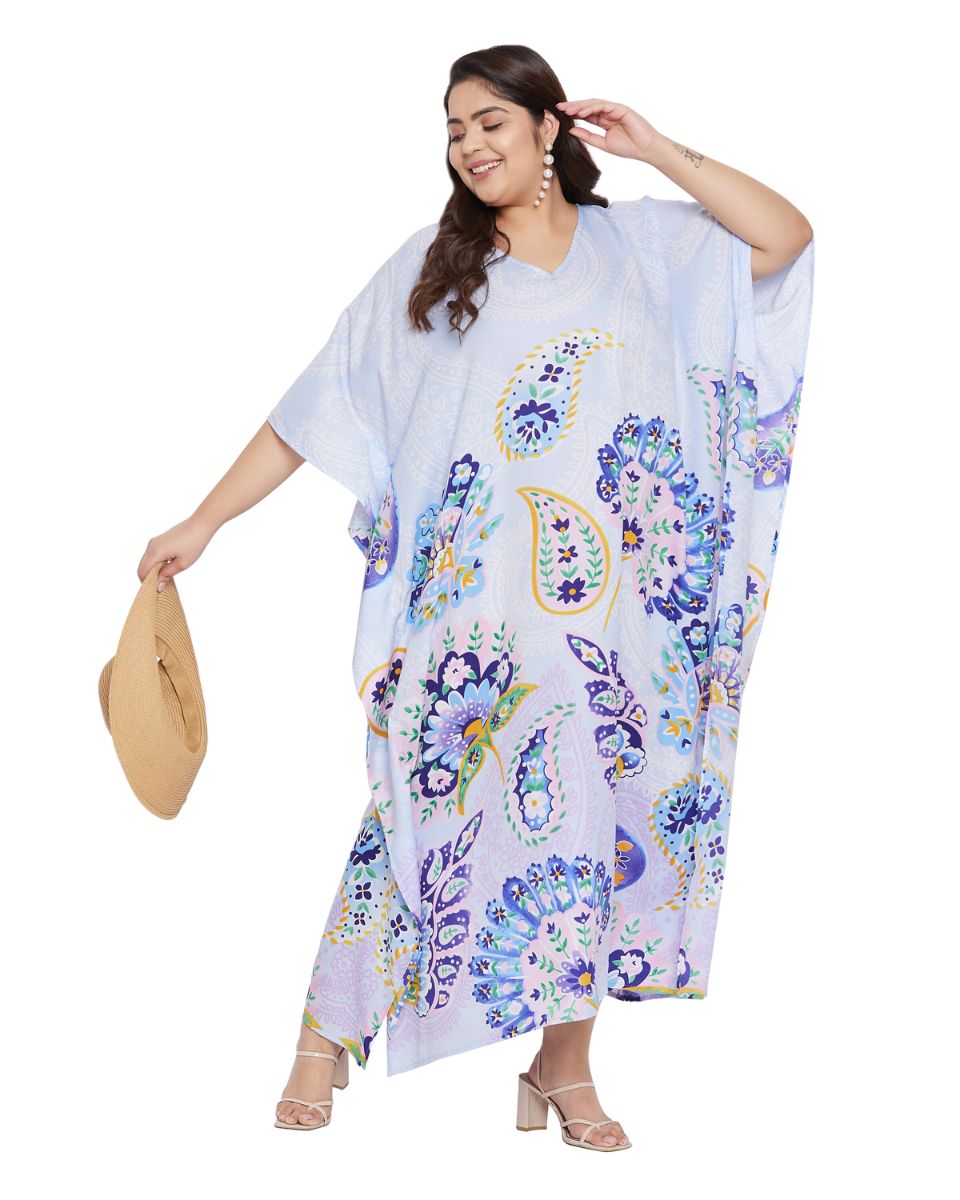 Floral Printed White Polyester Kaftan Dress for Women