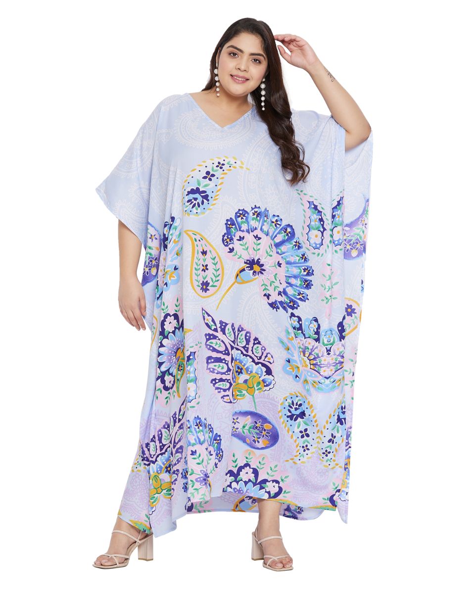 Floral Printed White Polyester Kaftan Dress for Women