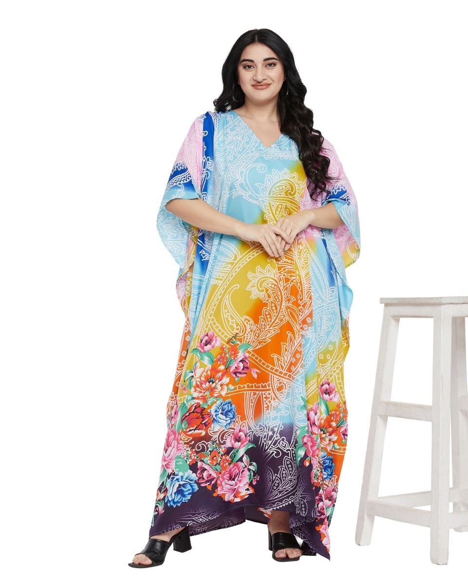 Floral Printed Multicolor Polyester Kaftan Plus Size Dress For Women