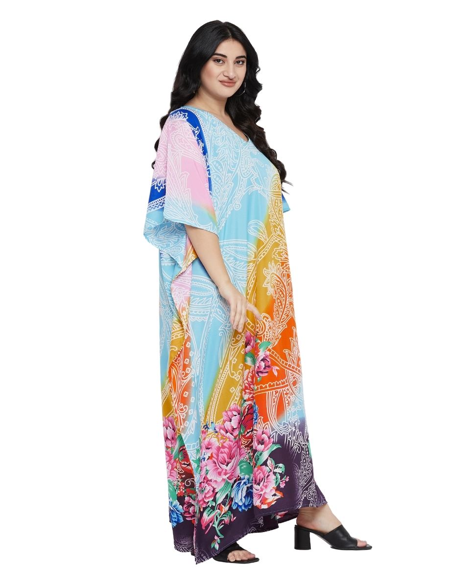 Floral Printed Multicolor Polyester Kaftan Dress for Women