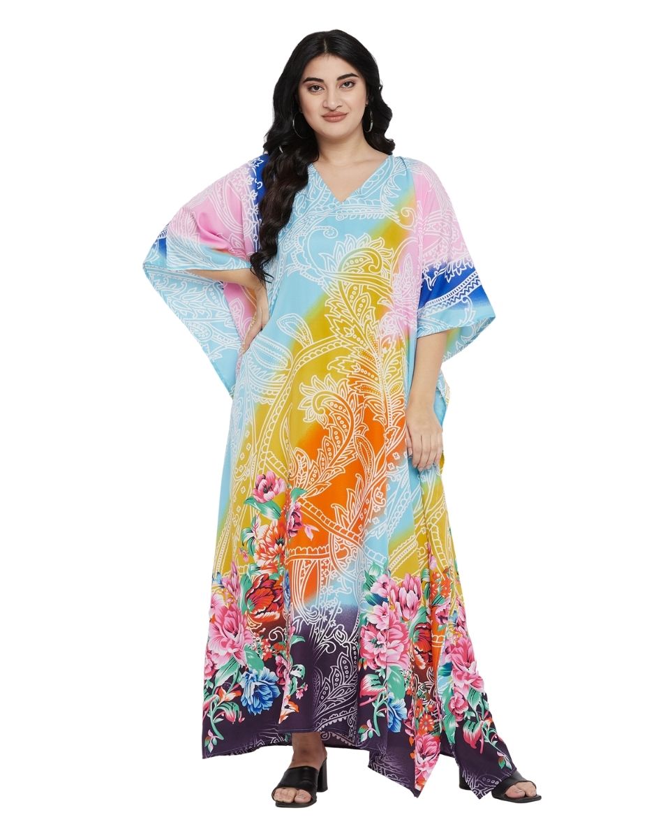 Floral Printed Multicolor Polyester Kaftan Dress for Women