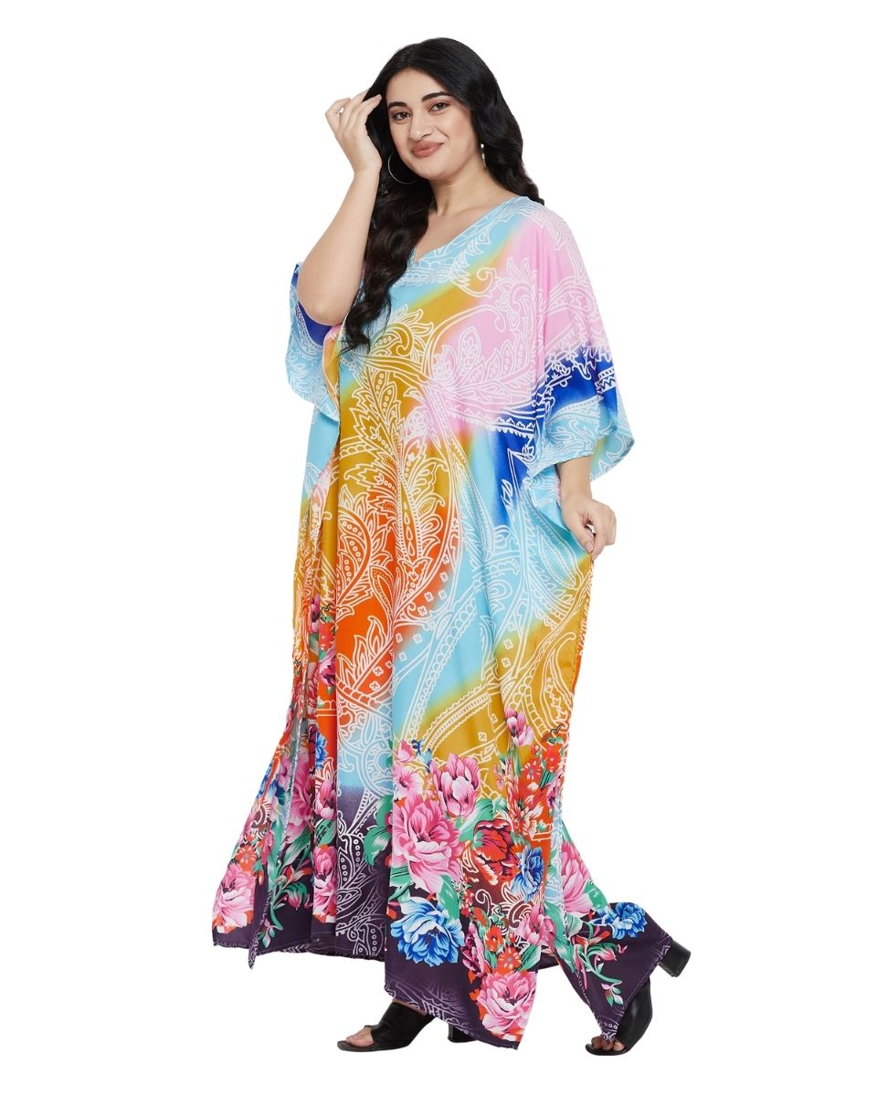 Floral Printed Multicolor Polyester Kaftan Plus Size Dress For Women