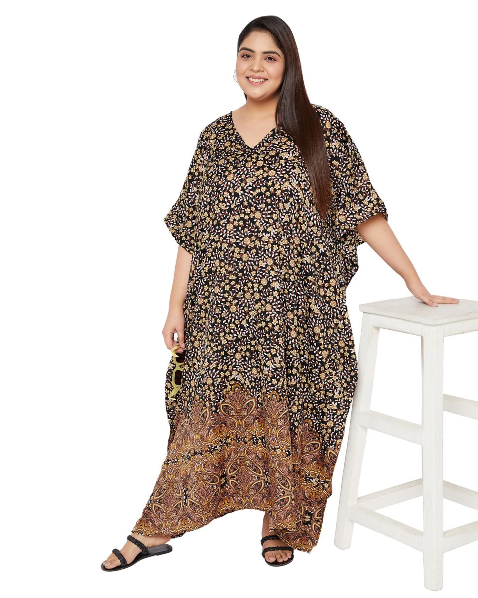 Floral Printed Brown Polyester Plus Size Kaftan Dress For Women