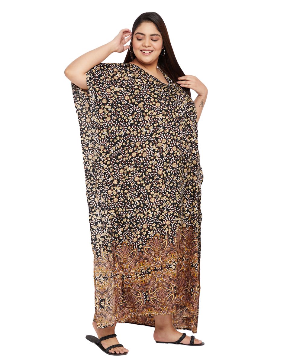 Floral Printed Brown Polyester Plus Size Kaftan Dress For Women