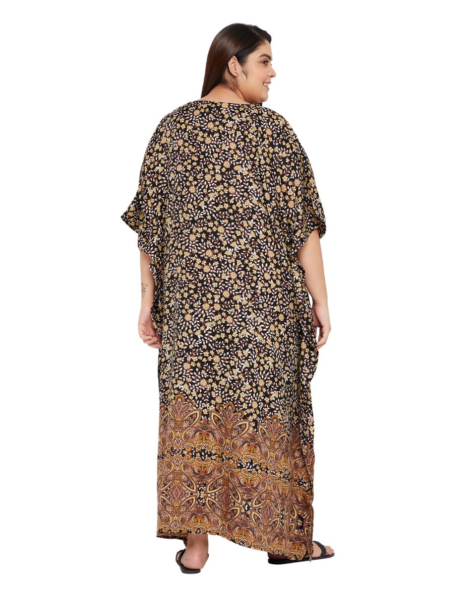 Floral Printed Brown Polyester Plus Size Kaftan Dress For Women