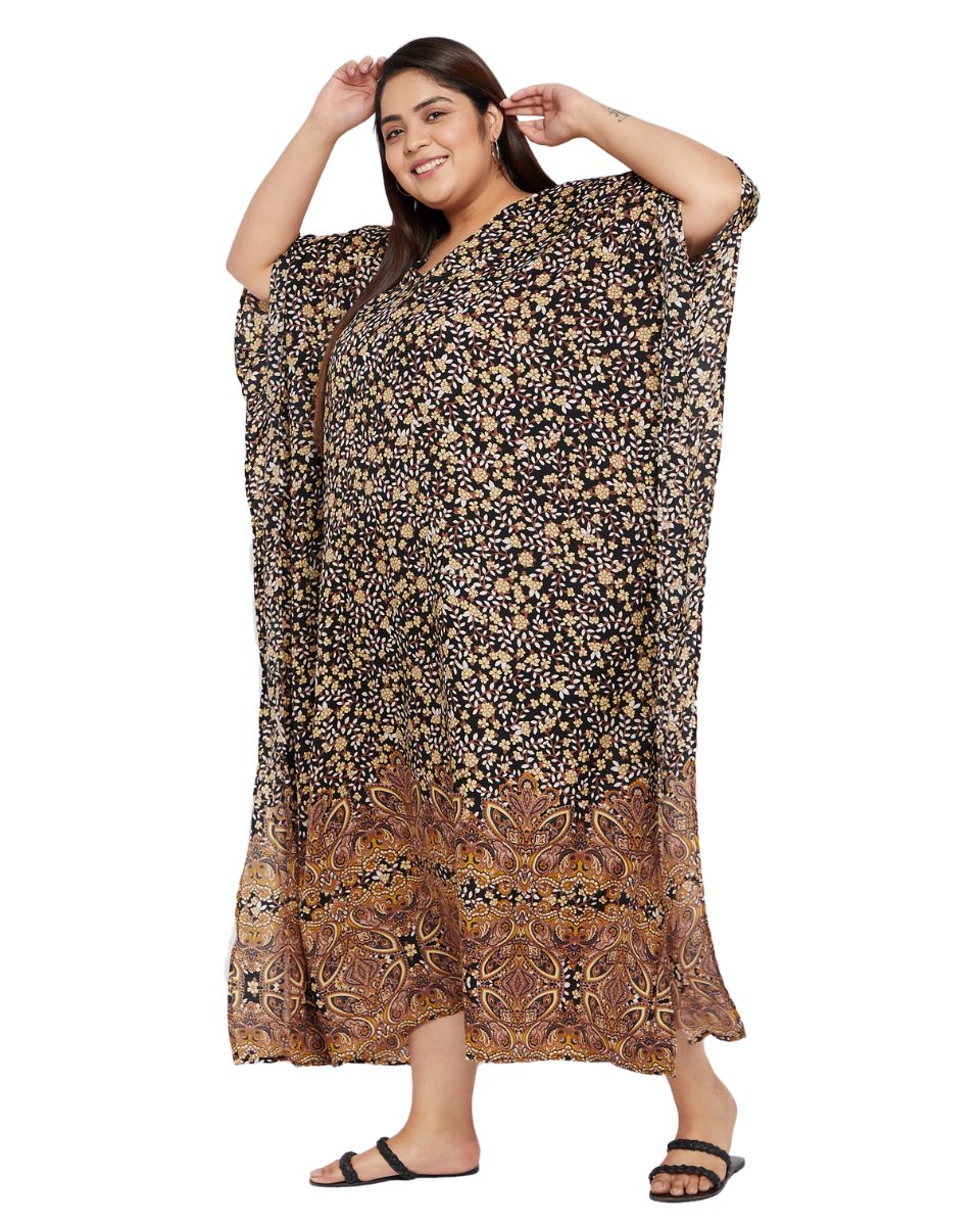 Floral Printed Brown Polyester Plus Size Kaftan Dress For Women