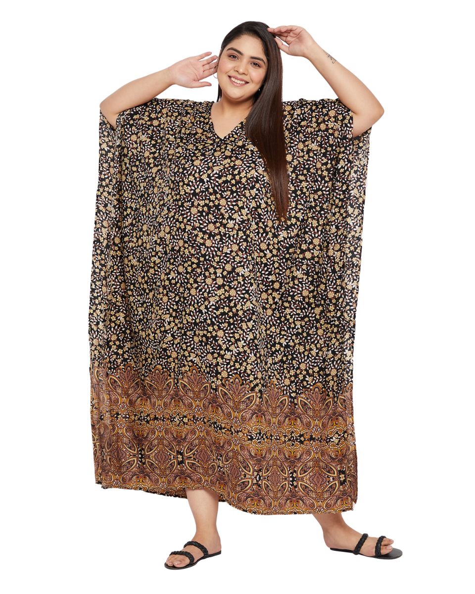 Floral Printed Brown Polyester Plus Size Kaftan Dress For Women