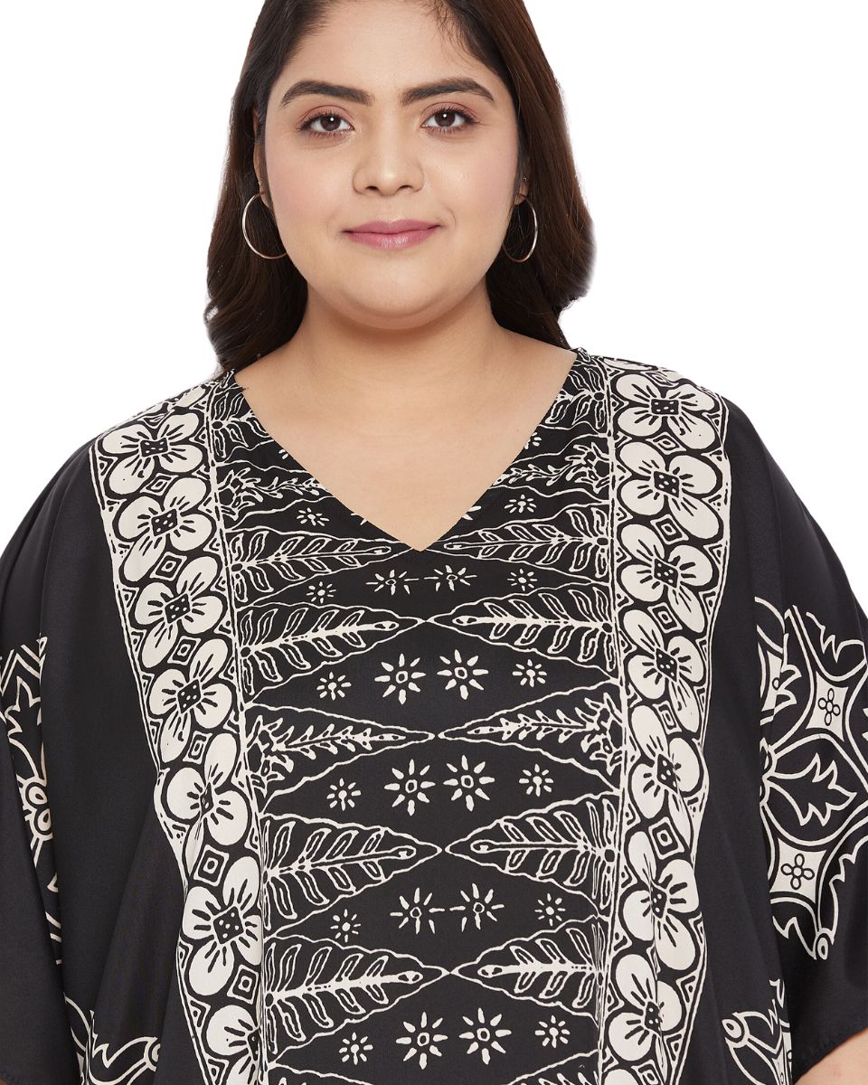 Floral Printed Black Polyester Kaftan Dress for Women