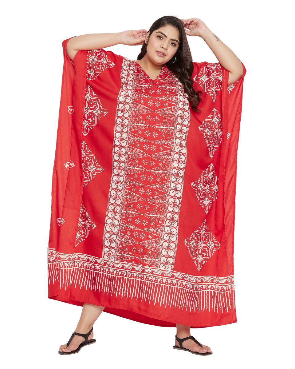 Floral Printed Red Polyester Kaftan Dress for Women