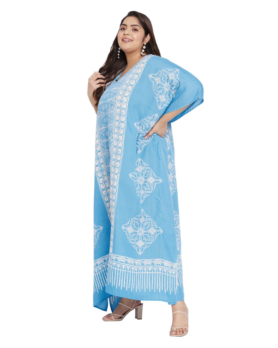 Floral Printed Sky Blue Polyester Kaftan Dress for Women