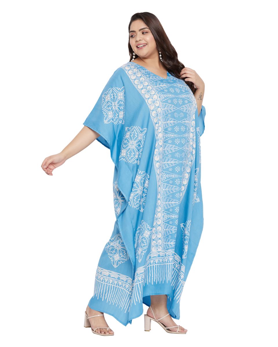 Geometric Printed Sky Blue Polyester Kaftan Plus Size Dress For Women