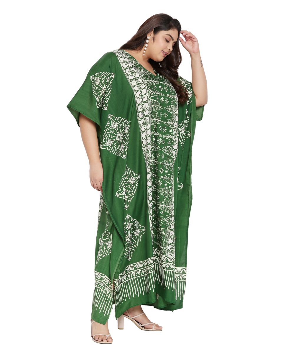 Floral Print Emerald Green Polyester Kaftan For Plus Size Women