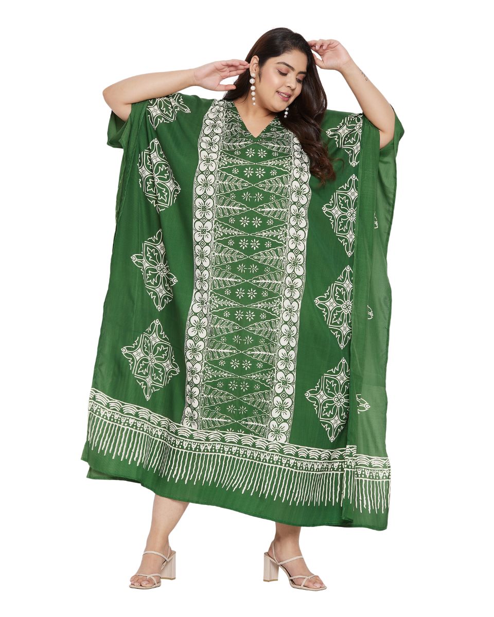 Floral Printed Green Polyester Kaftan Dress for Women