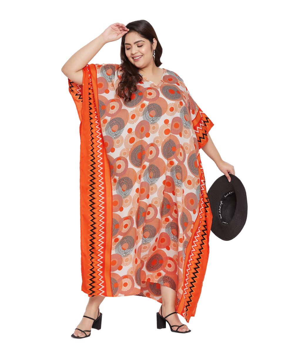 Geometric Printed Orange Polyester Kaftan Dress for Women