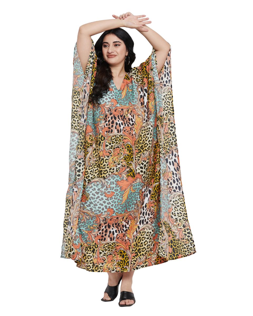 Animal Printed Multicolor Polyester Kaftan Dress for Women