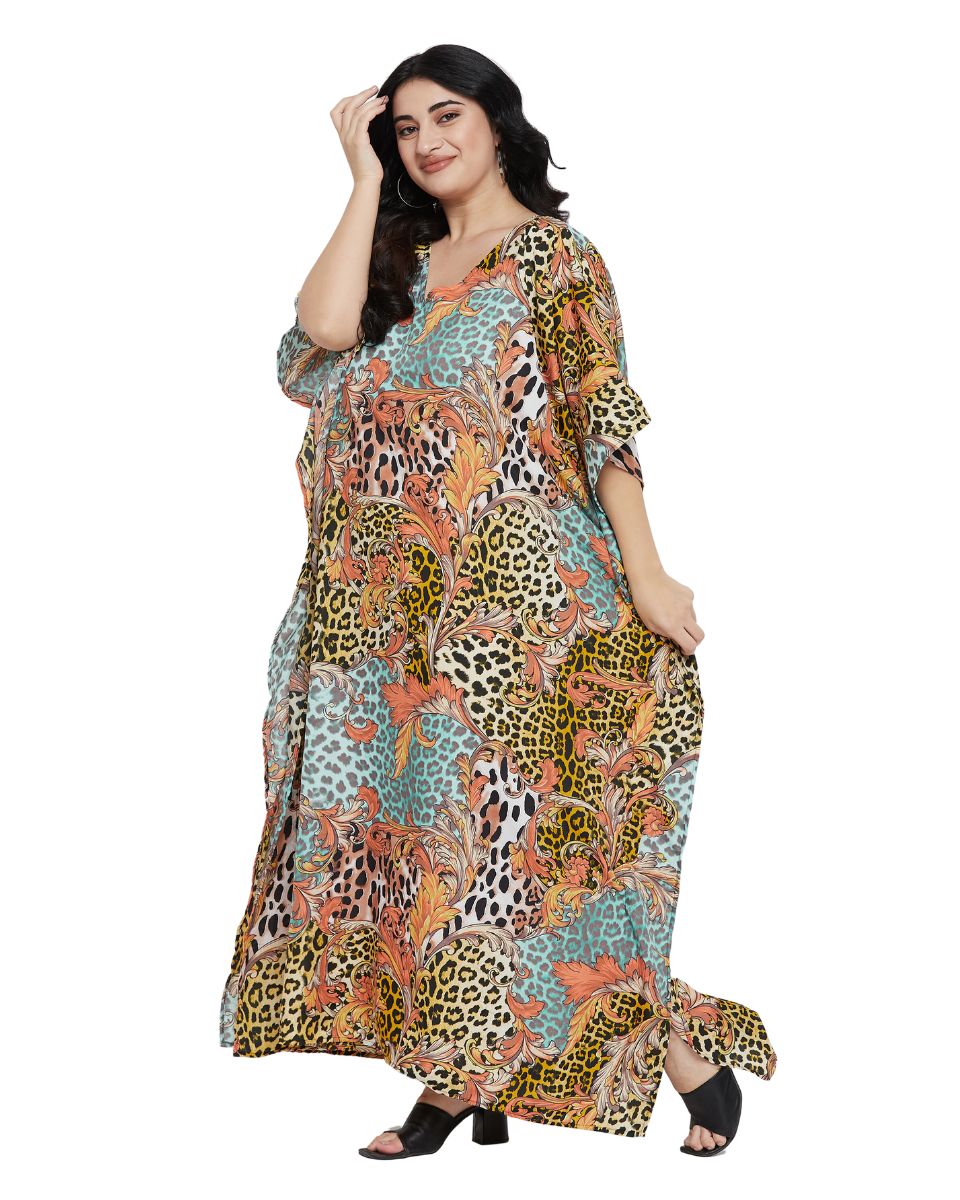 Animal Printed Multicolor Polyester Kaftan Dress For Plus Size Women