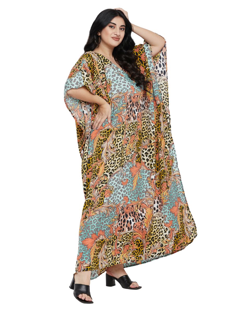 Animal Printed Multicolor Polyester Kaftan Dress For Plus Size Women