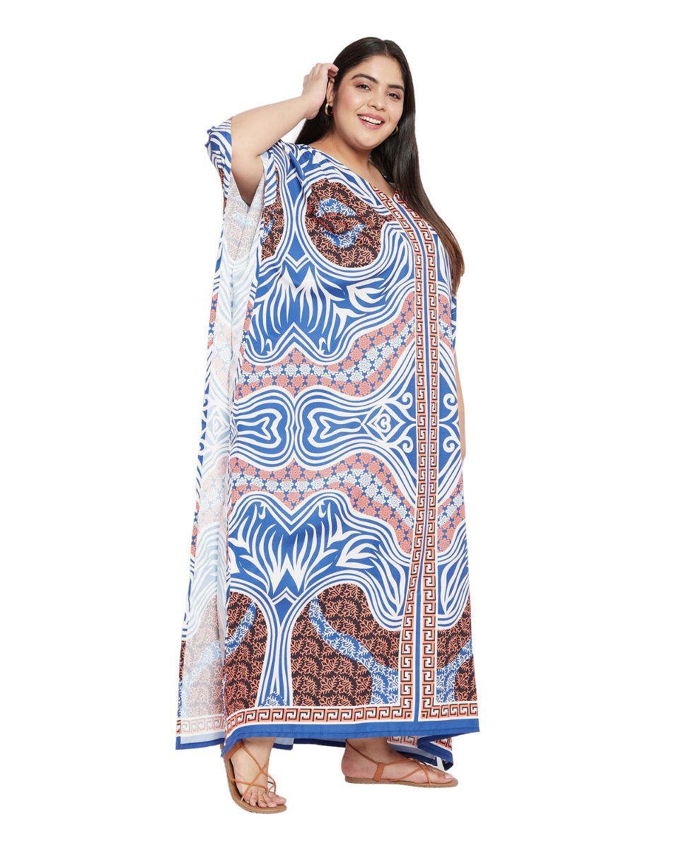 Abstract Printeded Blue Polyester Kaftan Dress for Women