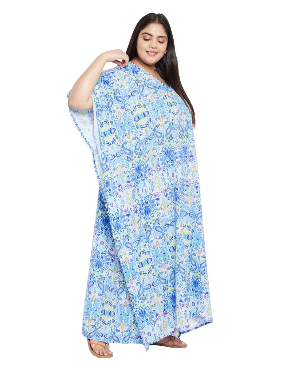 Floral Printed Sky Blue Polyester Kaftan Dress for Women
