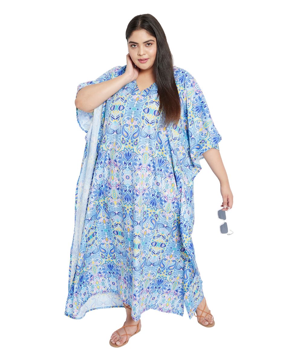 Floral Print Sky Blue Polyester Plus Size Kaftan Dress For Women