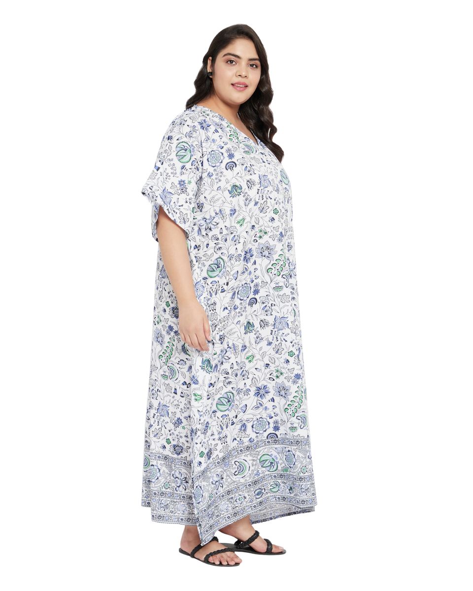 Floral Printed Blue Polyester Kaftan Dress for Women