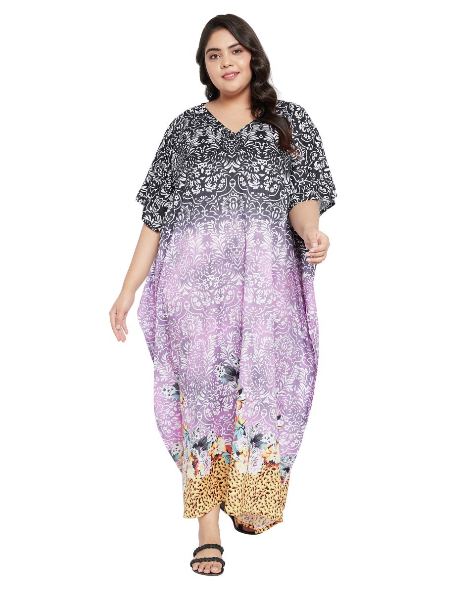 Floral Printed Black Polyester Kaftan Dress for Women