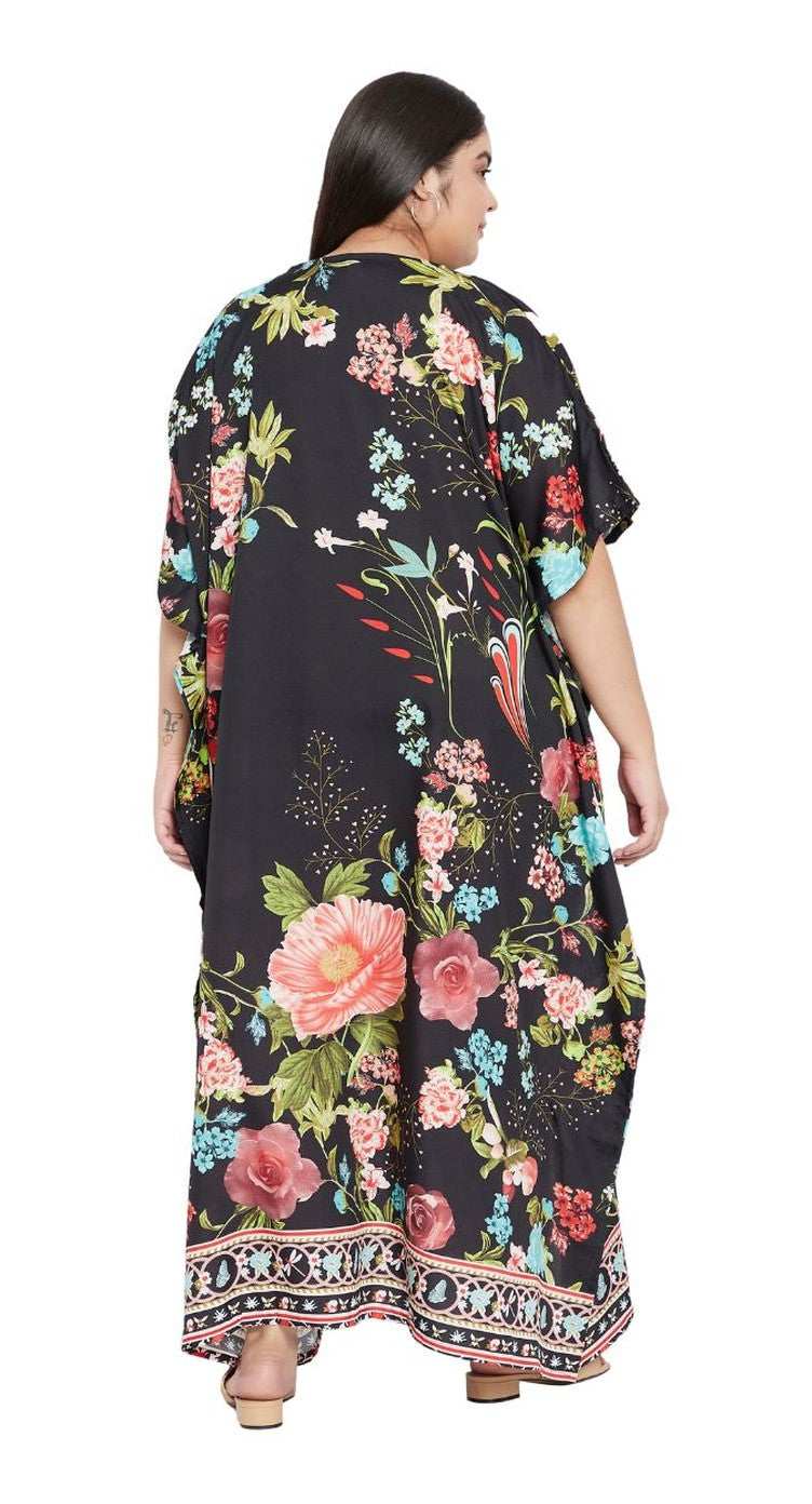 Floral Printed Black Polyester Plus Size Kaftan Dress For Women - SKU SG152-8727 - Gypsie Blu