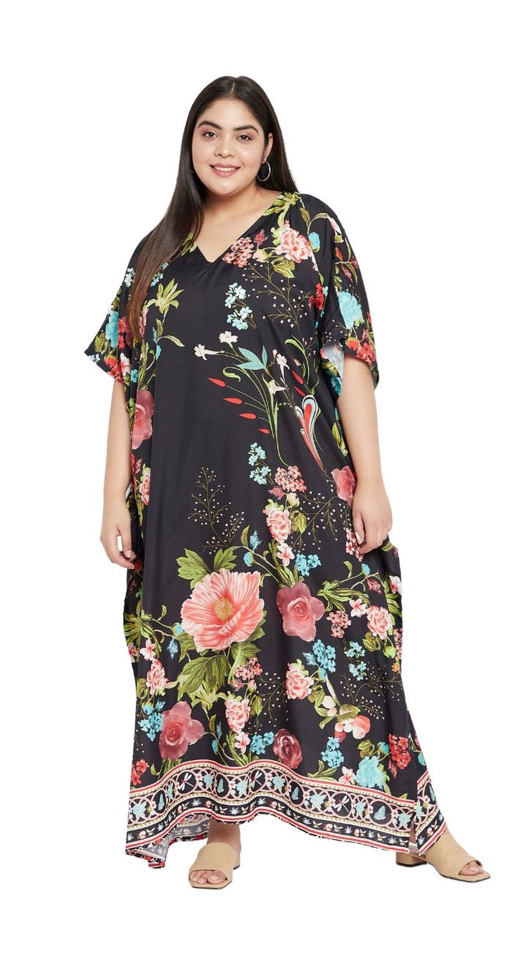 Floral Printed Black Polyester Plus Size Kaftan Dress For Women - SKU SG152-8727 - Gypsie Blu