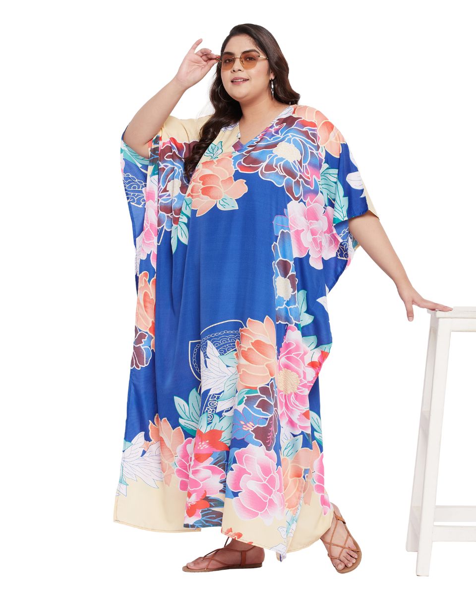 Floral Printed Blue Polyester Kaftan Dress for Women