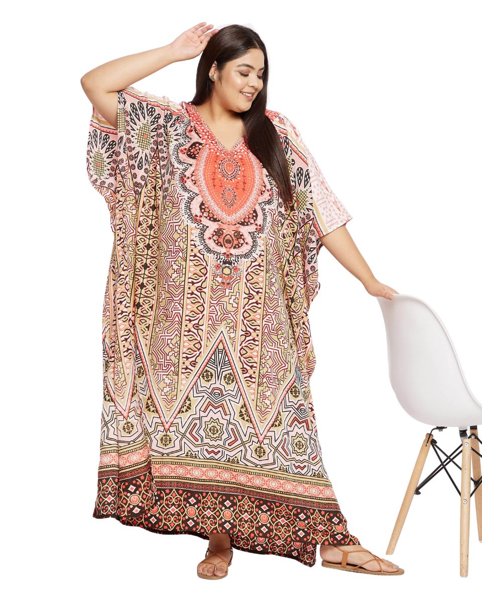 Kaftan For Plus Size Women Tribal Printed Multicolor Polyester