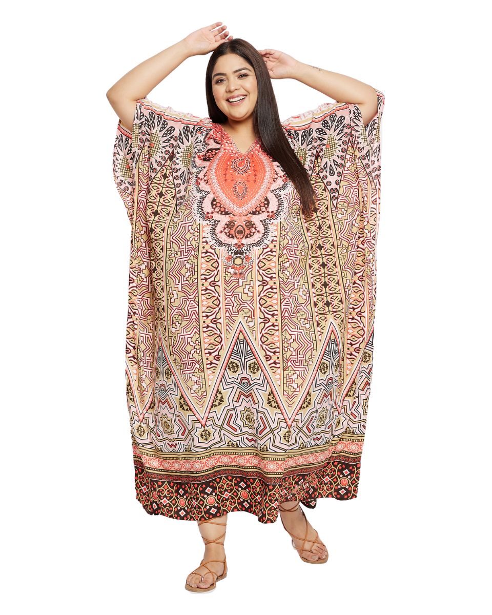 Kaftan For Plus Size Women Tribal Printed Multicolor Polyester