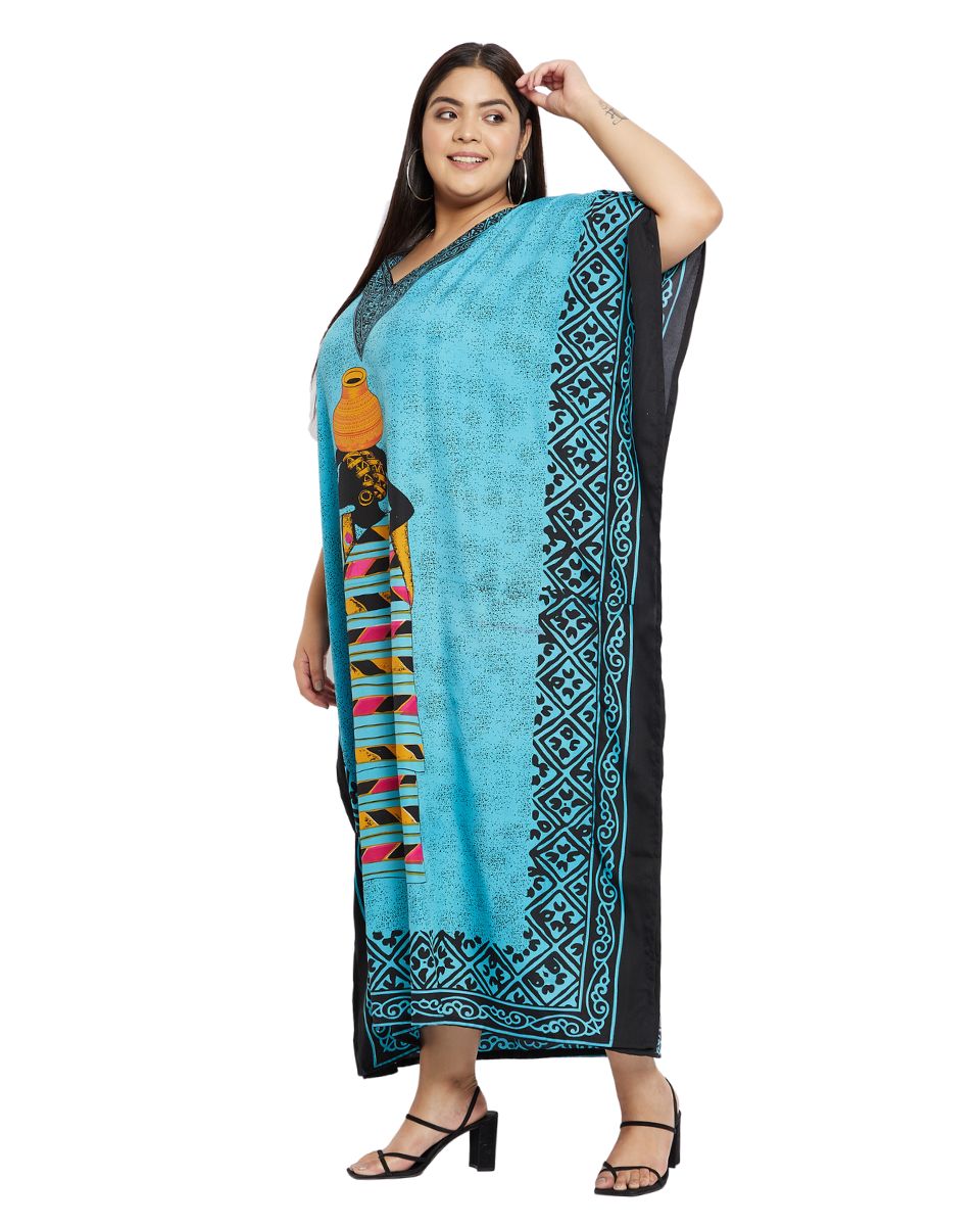 Turquoise Polyester Tribal Print Kaftan For Plus Size Women