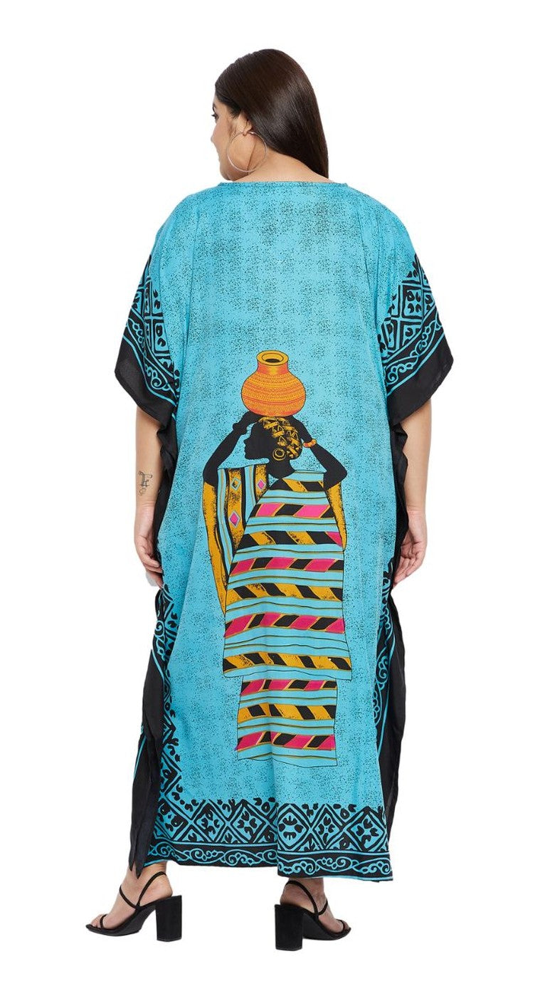Turquoise polyester plus size kaftan with African tribal figure print and border trim — alternate view